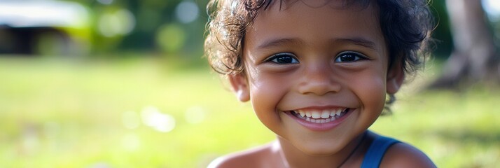 Poster - Smiling child enjoys sunny day in park with green grass backdrop