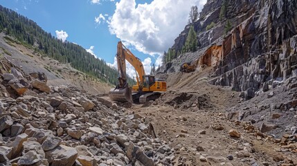 Aufkleber - Heavy machinery operates in a rocky quarry, moving boulders and earth among steep mountain slopes under a bright sky with fluffy clouds during mid afternoon.