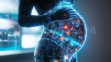 Poster - A futuristic visual showcases a pregnant figure highlighted with glowing circuits and digital patterns. This representation symbolizes the intersection of technology and the beginnings of new life.