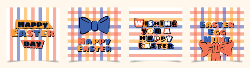 Poster - Set of minimalistic greeting cards in doodle style. Square Easter posters with inscriptions. Vector template for banner, post, advertisement