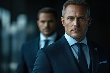 Poster - Confident businessman in a suit, with a colleague blurred in the background.