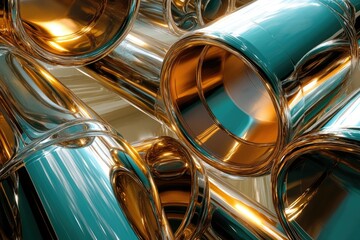 Aufkleber - Abstract image of polished metallic tubes in teal and gold, reflecting light intensely.