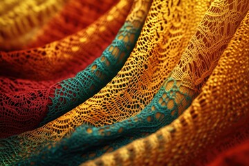 Poster - Close-up of multicolored lace fabric, showcasing intricate patterns and rich autumnal hues.