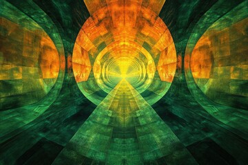 Poster - Abstract fractal art depicting a glowing tunnel with green and orange geometric patterns, creating a mesmerizing visual experience.