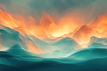 Aufkleber - Abstract landscape of teal and orange mountains, depicting a serene and dreamy atmosphere.