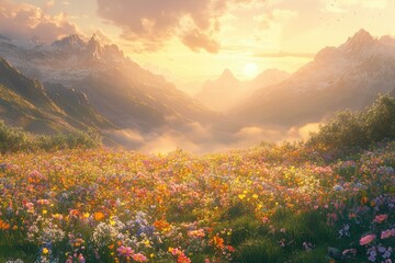 Aufkleber - Vibrant wildflowers bloom in a sunlit alpine meadow, majestic mountains in the background creating a breathtaking sunset scene.