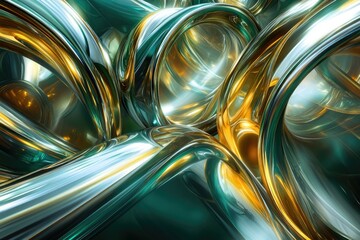 Poster - Abstract 3D rendering of swirling, metallic tubes in gold and teal, creating a visually stunning and complex interplay of light and shadow.