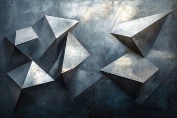 Aufkleber - Abstract metallic sculpture with geometric shapes creating a textured, dark gray background.
