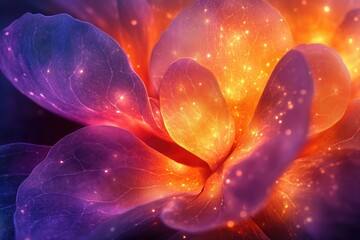 Aufkleber - Close-up of a vibrant, glowing flower with translucent petals and sparkling lights.