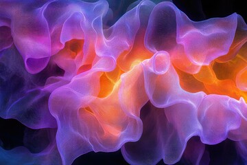 Poster - Abstract art depicting flowing, translucent fabrics in vibrant purple and orange hues.