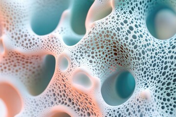 Fototapete - Abstract 3D render of a porous, organic-looking structure with interconnected cavities and a teal-peach color scheme.