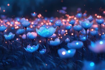 Poster - Glowing blue flowers illuminate a dark field, creating a magical, dreamlike scene.