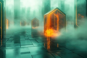 Aufkleber - Mysterious futuristic city scene with glowing orange geometric structures in a green misty atmosphere.