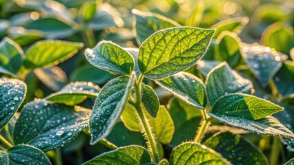 Wall Mural - Close-up of dew-covered soybean leaves sparkling in the morning light , nature, fresh,  nature,fresh, natural world