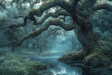 Poster - Enchanted forest river scene with moss-covered ancient trees creating a mystical atmosphere.