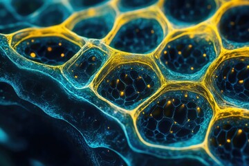 Leinwandbilder - Abstract honeycomb structure with glowing blue and yellow cells, resembling microscopic view of a network.