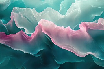 Poster - Abstract art depicting ethereal, flowing forms in soft pink and teal, resembling clouds or fabric.