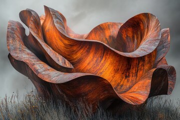 Aufkleber - Abstract rusty metal sculpture resembling a flower, weathered and textured, set against a muted background.