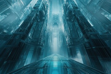 Aufkleber - A futuristic, icy cathedral-like structure stretches towards a hazy sky, creating a sense of awe and mystery.