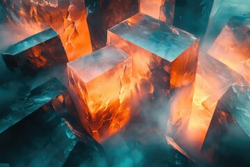 Poster - Glowing teal and orange crystal blocks in a misty, abstract landscape.