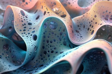 Poster - Abstract 3D render of a wavy, porous surface with iridescent teal and peach hues.  Intricate detail and organic texture.