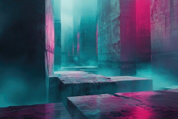 Poster - A mysterious, fog-filled, neon-lit concrete maze, futuristic and enigmatic.