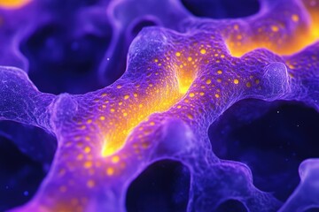 Leinwandbilder - Microscopic view of vibrant purple and orange cellular structures, intricate network, glowing details.