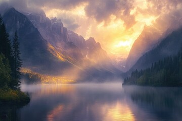 Aufkleber - Serene sunrise paints majestic mountains and calm lake with golden hues, creating a breathtaking landscape.