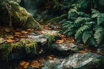 Poster - Moss-covered rocks and lush ferns in a tranquil forest scene, autumn leaves scattered.