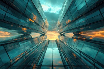 Poster - A captivating perspective of modern skyscrapers reflecting a vibrant sunset sky.