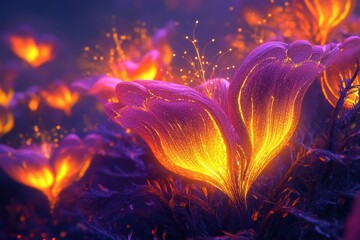 Aufkleber - Glowing, otherworldly flowers with vibrant orange and purple hues illuminate a dark, fantastical landscape.