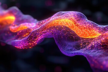 Aufkleber - Abstract digital art depicting a flowing, luminous network of interconnected nodes in vibrant purple and orange hues.