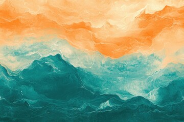 Aufkleber - Abstract painting of teal and orange waves, resembling a seascape or mountain range.