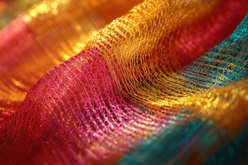 Poster - Close-up of iridescent, metallic fabric with red, gold, and teal hues, creating a textured, wavy pattern.