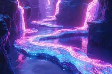 Poster - Glowing neon pink and blue rivers flow through a mystical, rocky canyon, creating a surreal, otherworldly landscape.