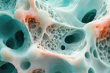 Aufkleber - Microscopic view of porous bone structure, revealing intricate network of cavities and trabeculae.