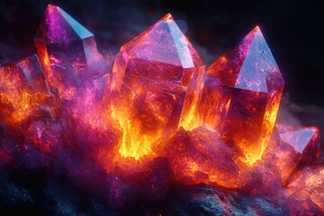 Poster - Fiery, purple crystals glowing intensely in a dark, volcanic setting.
