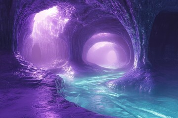 Aufkleber - An ethereal purple cave system with a glowing teal river flowing through its depths, creating a magical, otherworldly scene.