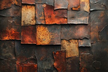 Poster - Abstract artwork featuring a mosaic of rusted metallic squares and rectangles in varying shades of brown, orange, and dark grey.