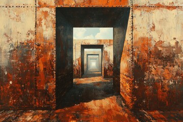 Poster - Rusty metal corridor leading to a bright light, evocative of hope and journey.