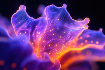 Aufkleber - Abstract digital art depicting a bioluminescent flower with vibrant purple and orange hues, glowing particles.