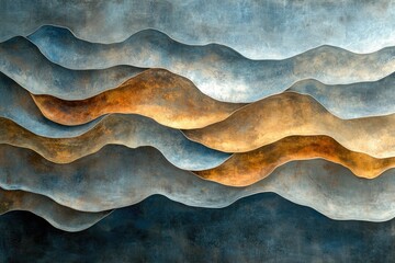Poster - Abstract layered landscape artwork depicting undulating hills in muted blues and golds.