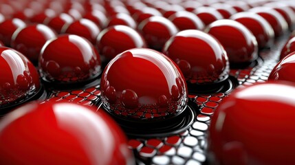 Aufkleber - A close-up view of glossy red spheres arranged in a patterned surface, creating a striking visual effect with depth and texture.