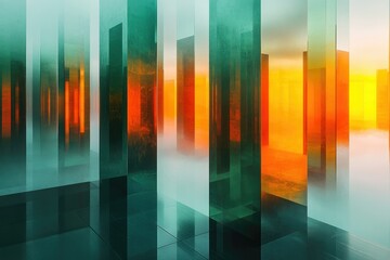 Aufkleber - Abstract digital art depicting a futuristic, ethereal space with vibrant teal and orange glass pillars reflecting a hazy sunset.