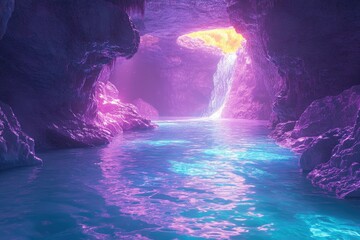 Aufkleber - Enchanted underwater cave with vibrant purple and blue lighting, a waterfall cascading into a serene pool.