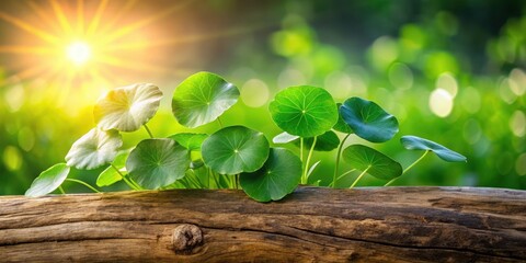 Wall Mural - Fresh green leaves of Centella asiatica plant growing on a wooden branch in a lush garden atmosphere, with a serene background and soft natural light, centella asiatica, botanical illustration