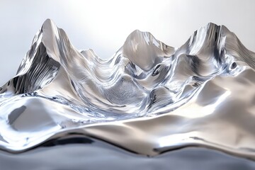 Poster - Abstract metallic sculpture resembling a flowing, silver mountain range, reflecting light.
