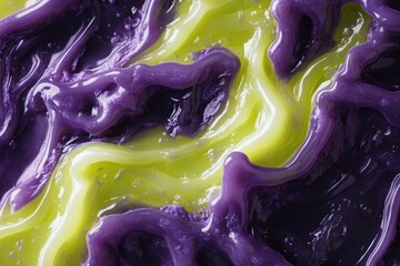 Poster - Abstract image of swirling purple and lime green viscous fluids, creating a dynamic and visually captivating texture.