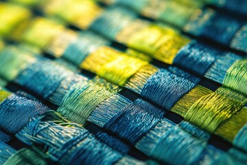 Poster - Close-up of interwoven threads in vibrant teal, green, and yellow hues, showcasing intricate textile texture.