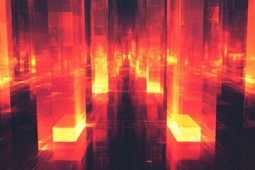 Poster - Abstract digital cityscape glowing with intense red and orange hues, futuristic and vibrant.